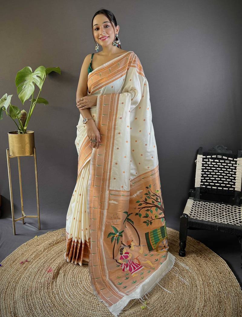Off  white paithani silk saree with unstitched blouse piece
