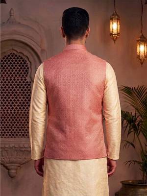Men   s coral pink jacquard nehru jacket festive & wedding ethnic wear 2