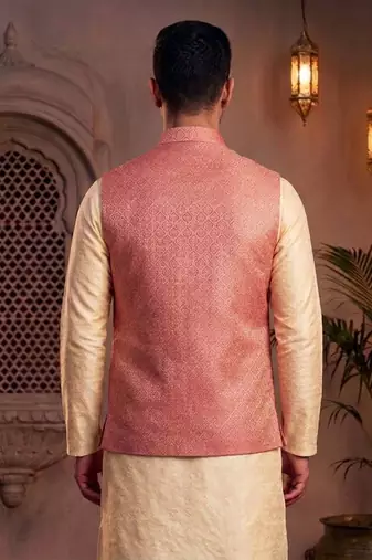 Men   s coral pink jacquard nehru jacket festive & wedding ethnic wear