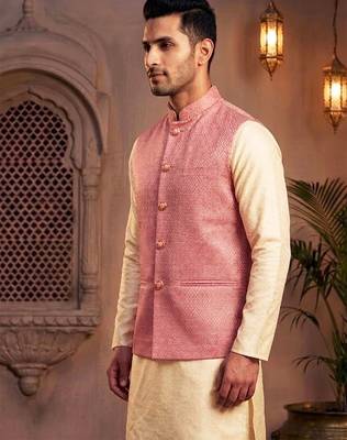 Men   s coral pink jacquard nehru jacket festive & wedding ethnic wear 3
