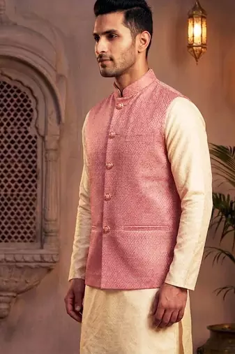 Men   s coral pink jacquard nehru jacket festive & wedding ethnic wear