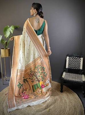 off white paithani silk saree with unstitched blouse piece 2