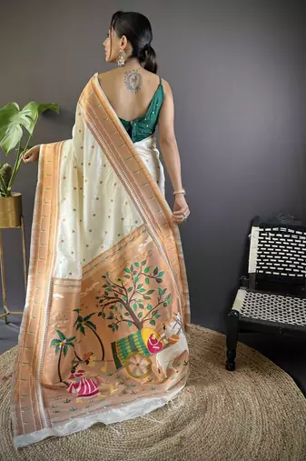 off white paithani silk saree with unstitched blouse piece