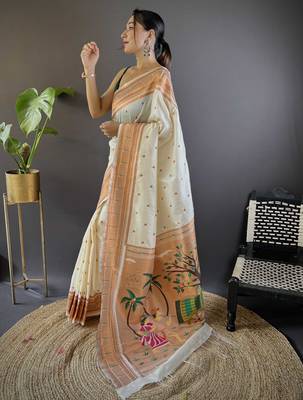off white paithani silk saree with unstitched blouse piece 3