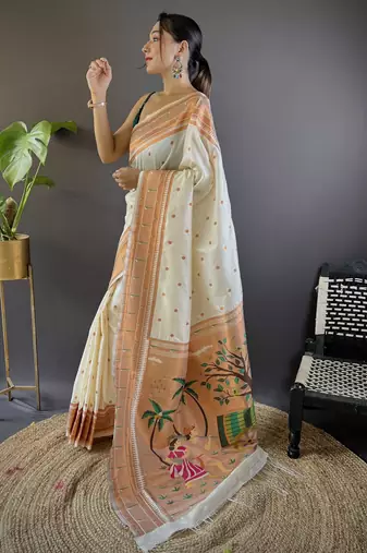 off white paithani silk saree with unstitched blouse piece
