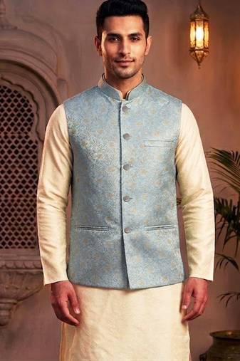 Men   s elegant sky blue jacquard nehru jacket