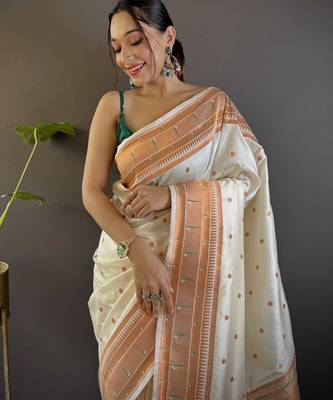 off white paithani silk saree with unstitched blouse piece 4