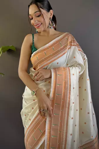off white paithani silk saree with unstitched blouse piece