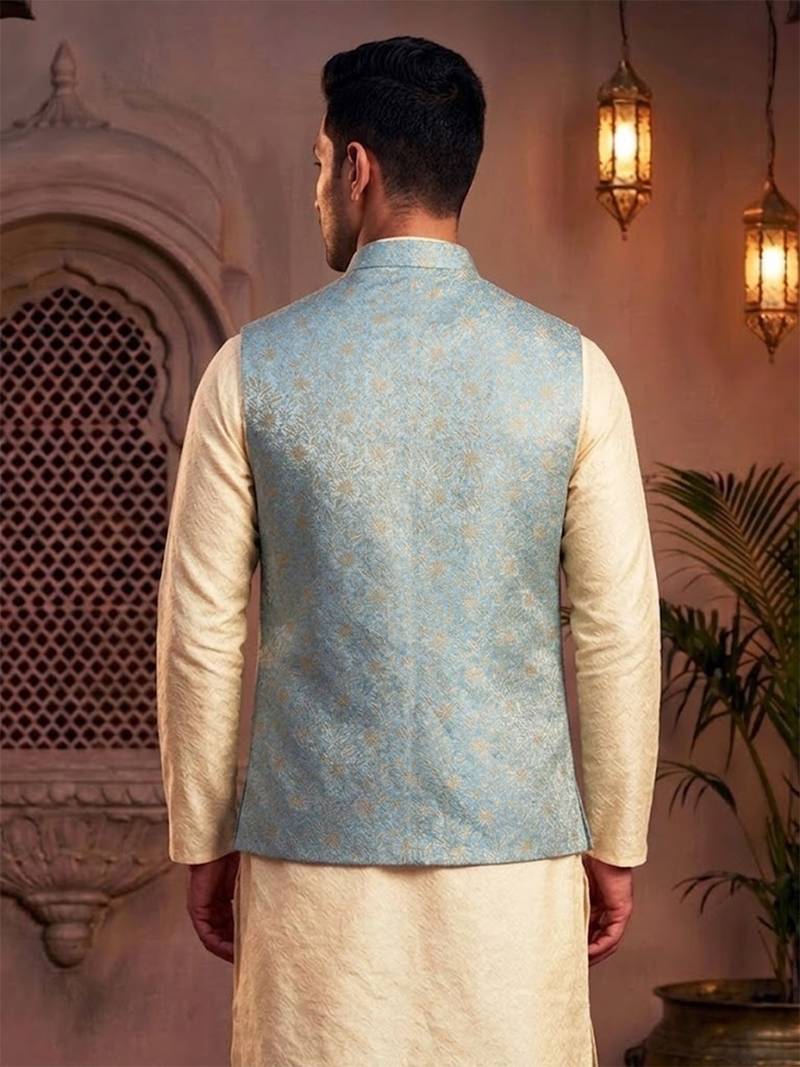 Men’s elegant sky blue jacquard nehru jacket