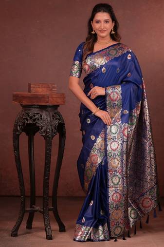 blue floral, zari work slik blend saree with blouse
