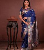 blue floral, zari work slik blend saree with blouse