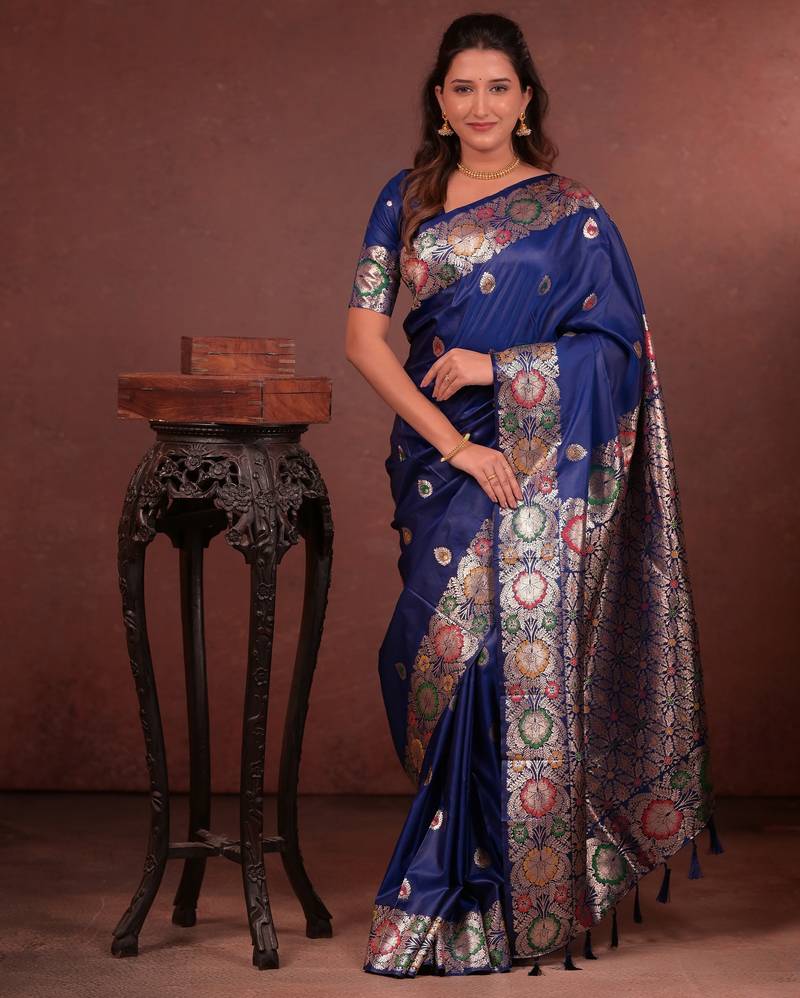 blue floral, zari work slik blend saree with blouse