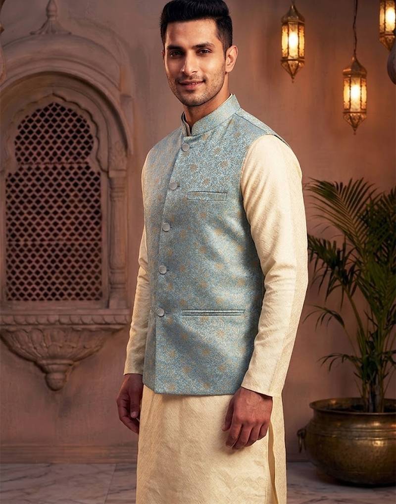 Men’s elegant sky blue jacquard nehru jacket