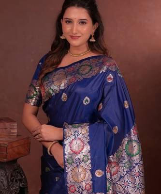 blue floral, zari work slik blend saree with blouse 2