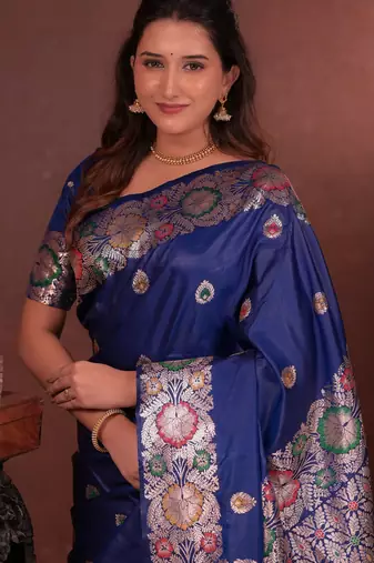blue floral, zari work slik blend saree with blouse