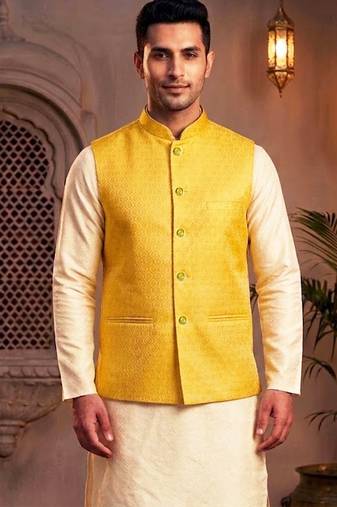 Men   s elegant yellow jacquard nehru jacket