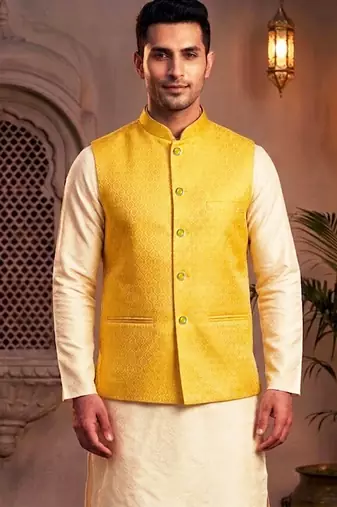 Men’s elegant yellow jacquard nehru jacket
