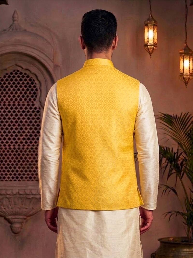 Men’s elegant yellow jacquard nehru jacket