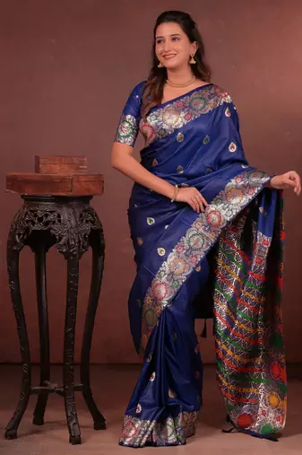 blue floral, zari work slik blend saree with blouse