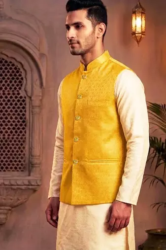Men   s elegant yellow jacquard nehru jacket