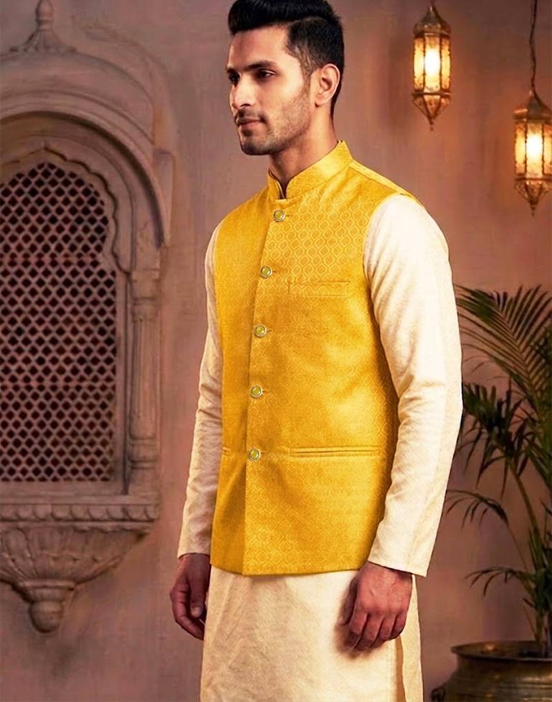 Men’s elegant yellow jacquard nehru jacket