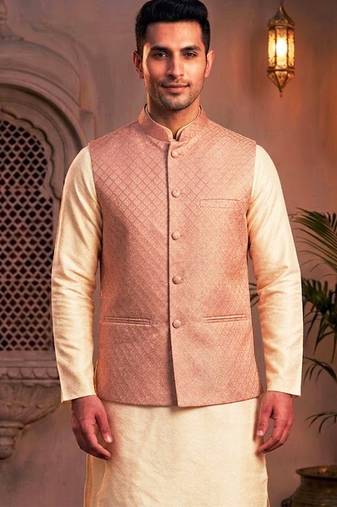 Men   s elegant salmon pink jacquard nehru jacket