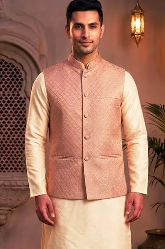 Men’s elegant salmon pink jacquard nehru jacket