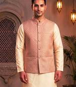 Men   s elegant salmon pink jacquard nehru jacket