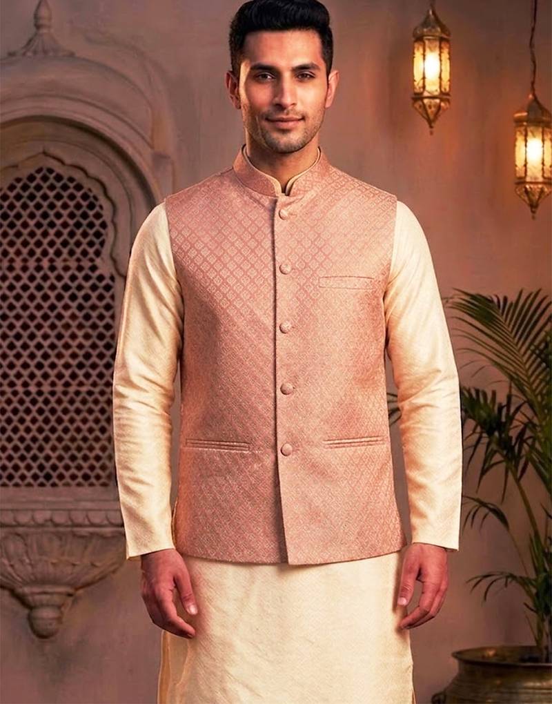 Men   s elegant salmon pink jacquard nehru jacket