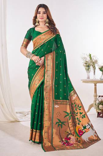 Green paithani silk saree with unstitched blouse piece