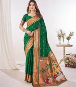 Green paithani silk saree with unstitched blouse piece