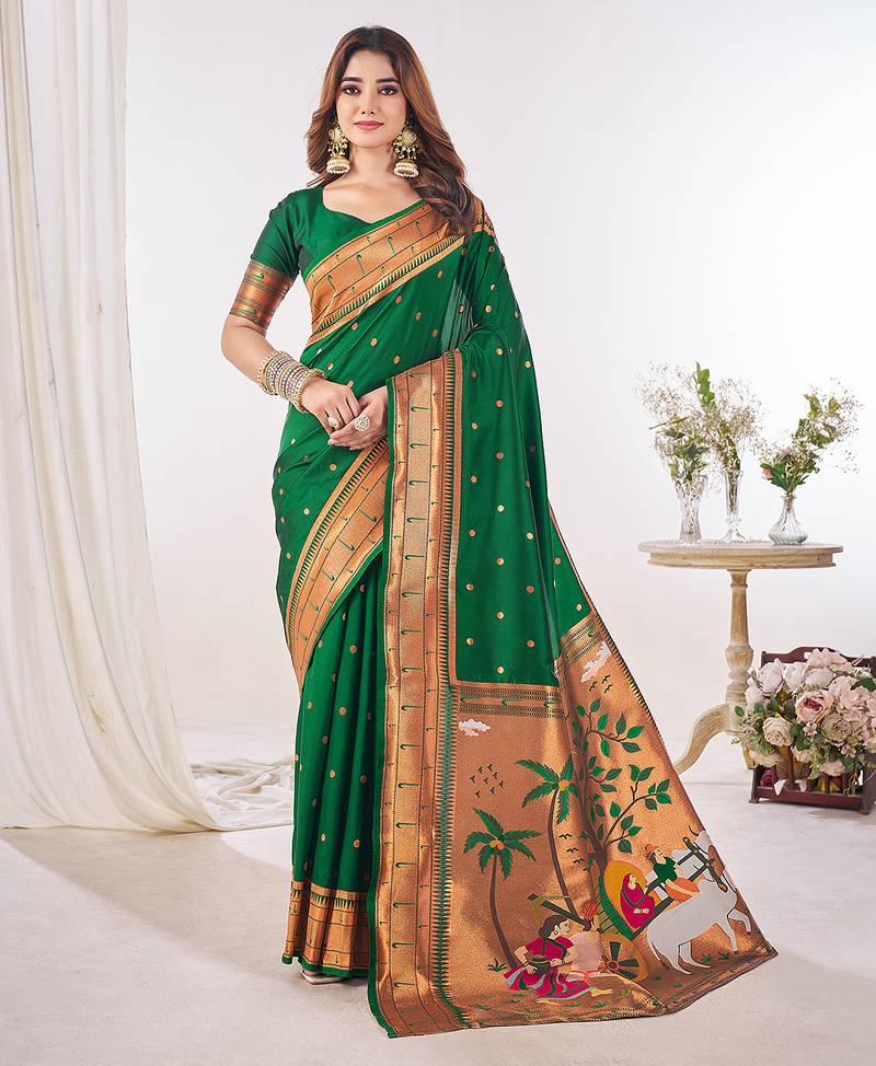 Green paithani silk saree with unstitched blouse piece