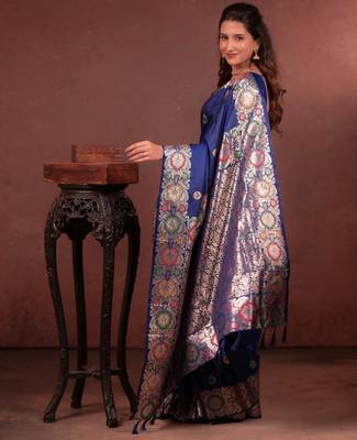 blue floral, zari work slik blend saree with blouse 4