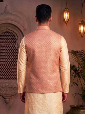 Men   s elegant salmon pink jacquard nehru jacket 2