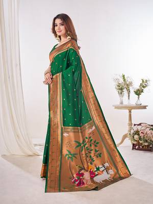 green paithani silk saree unstitched blouse piece 2