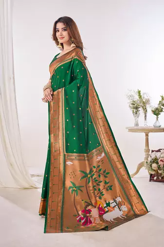 green paithani silk saree unstitched blouse piece