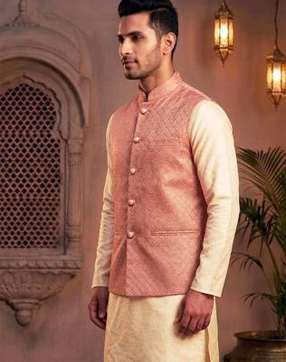 Men   s elegant salmon pink jacquard nehru jacket 3