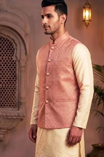 Men   s elegant salmon pink jacquard nehru jacket