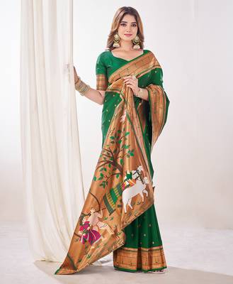 green paithani silk saree unstitched blouse piece 3