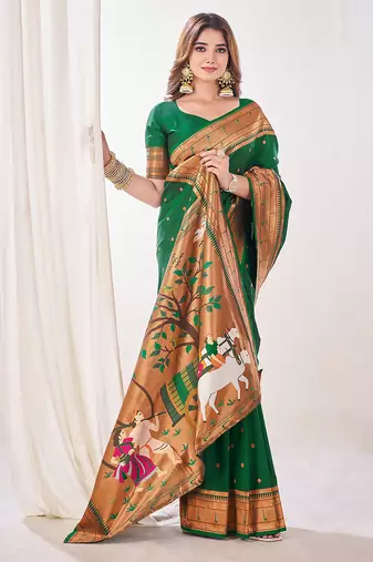 green paithani silk saree unstitched blouse piece