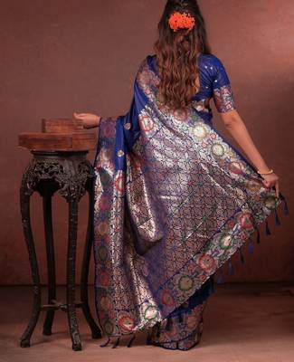 blue floral, zari work slik blend saree with blouse 5