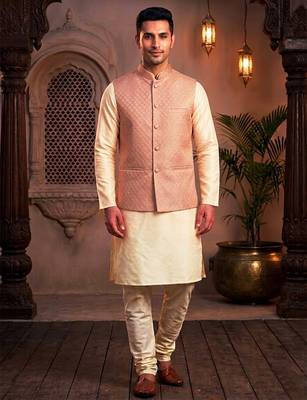 Men   s elegant salmon pink jacquard nehru jacket 4