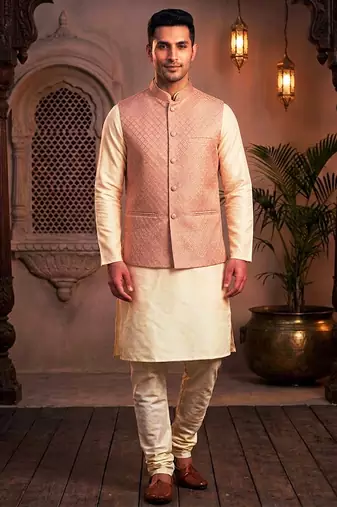 Men   s elegant salmon pink jacquard nehru jacket