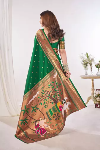 green paithani silk saree unstitched blouse piece