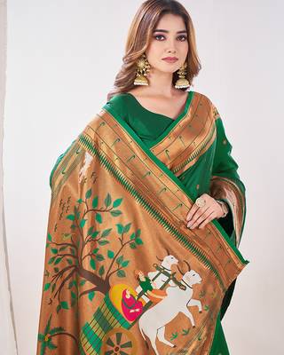 green paithani silk saree unstitched blouse piece 5