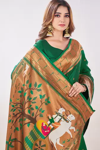 green paithani silk saree unstitched blouse piece