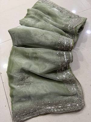 Light Green Color Hand Verl and sequins Work art silk saree 1