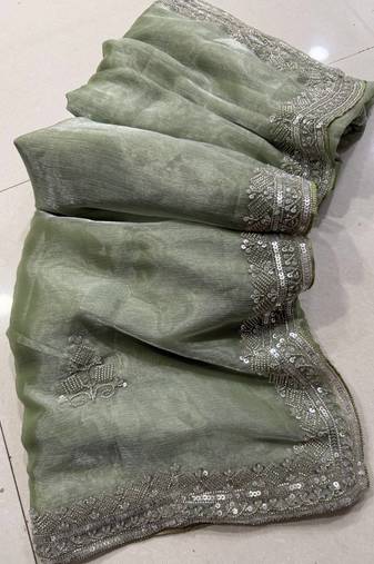 Light Green Color Hand Verl and sequins Work Silk Saree