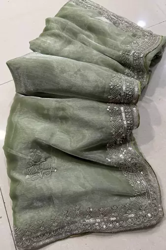 Light Green Color Hand Verl and sequins Work Silk Saree
