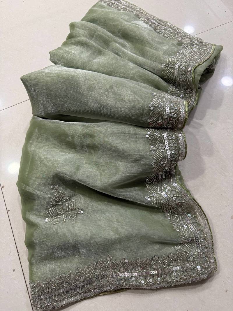 Light Green Color Hand Verl and sequins Work Silk Saree